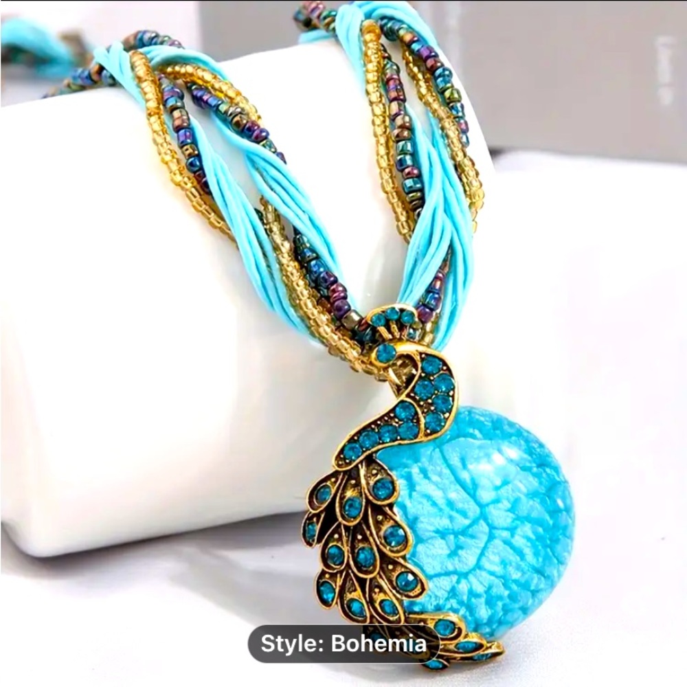 Bohemian Peacock Blue Rice Beads Multi-layer Short Necklace Faux Stone Pendant